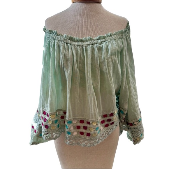 Free People Mint Off-Shoulder Blouse with Multicolor Trim - Picture 2 of 7
